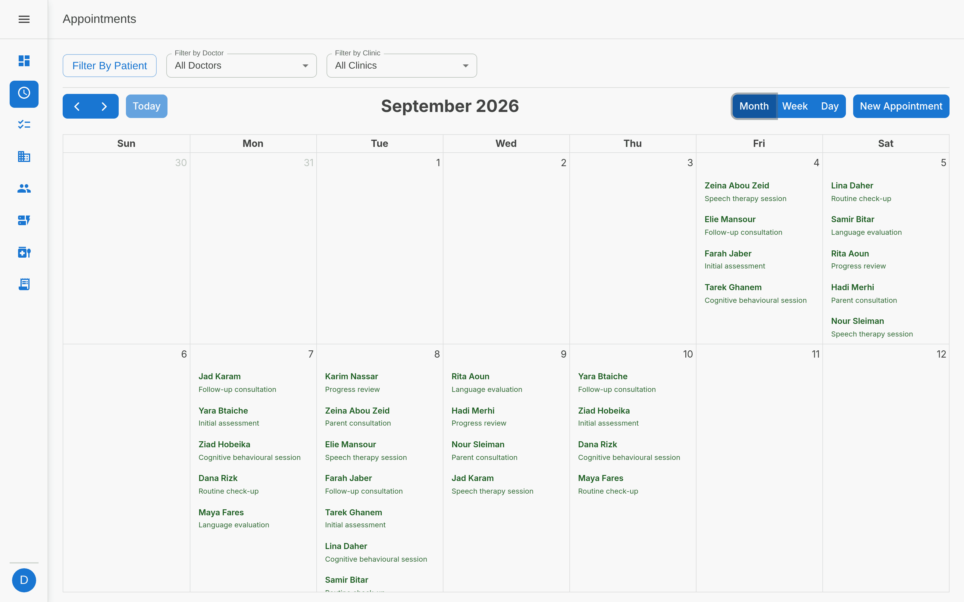 PatientHub appointments calendar with clinic and doctor filters